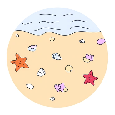 A sandy ocean floor with a light tan color. Scattered across the floor are several starfish in various positions, each displaying vibrant colors like orange and red. Small seashells of different shapes and sizes are nestled among the sand, showcasing shades of white, cream, and light pink. A gentle ripple effect can be seen on the surface above, suggesting the movement of water overhead.