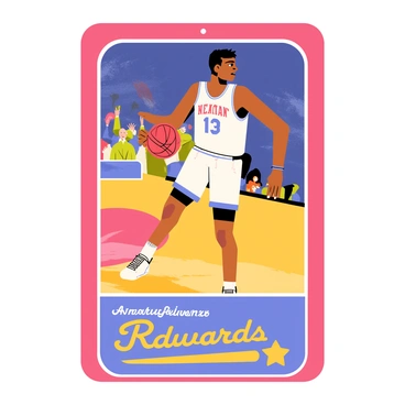 A retro-style trading card featuring "Anthony Edwards" in action. The card has a vibrant blue and red border, with a glossy finish. "Anthony Edwards" is depicted mid-air, performing a slam dunk with a focused expression on his face. He is wearing a bright white jersey with a bold number and the team's logo. The background features a stylized basketball court with a cheering crowd, emphasizing the excitement of the game. The card includes a vintage font displaying "Rising Star" at the bottom.