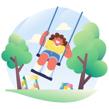 A child with curly brown hair is swinging high on a swing set in a park. The child is wearing a bright yellow t-shirt and denim shorts. Their eyes are closed, and a big smile is visible on their face, expressing pure delight as they soar through the air. Surrounding the swing set are tall green trees with lush leaves, and there is a blue sky above with fluffy white clouds scattered throughout. The ground is covered in soft green grass, and a few colorful playground equipment pieces can be seen in the background.