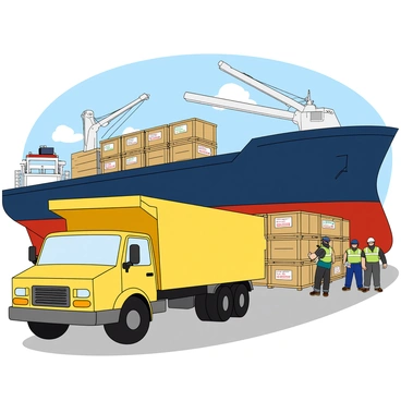 A bright yellow truck with a boxy shape is positioned at a busy dock, its rear gate lowered. The truck is loading several wooden crates onto a large cargo ship, which has a deep blue hull and a prominent crane extending over the edge. The crates are stacked neatly and have various colorful labels attached to them. In the background, there are other trucks and cranes in motion, along with workers wearing safety vests overseeing the loading process. The sky is clear, and the sun is shining down on the bustling scene.