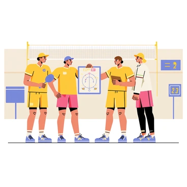 A badminton team in a huddle with five players, all wearing matching sports uniforms in bright colors. The players are standing in a circle, with focused expressions on their faces. One player, holding a badminton racket, is actively pointing towards a tactical diagram illustrated on a clipboard. Another player is leaning in, taking notes, while the others are nodding in agreement. The setting shows a gymnasium with badminton nets in the background, and a scoreboard visible on the wall, indicating an upcoming match. The atmosphere conveys a sense of teamwork and determination.