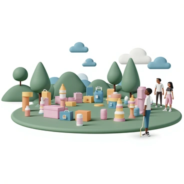 A whimsical art installation consisting of various colorful items, including plastic bottles, tin cans, and cardboard boxes. The installation is creatively arranged in a circular fashion, with vibrant colors brightening the surrounding green grass of the public park. Each item is uniquely placed to create an abstract and playful design, attracting the attention of passersby. Nearby, a few people are stopping to admire the artwork, with smiles on their faces, adding to the lively atmosphere of the park. In the background, trees and a blue sky complete the scene.