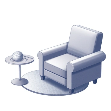 A corner of a room featuring a comfortable armchair with soft fabric. Next to the chair, there is a small side table. On the table, there is a ball of yarn and a pair of knitting needles resting against it. The setting gives a feeling of warmth and comfort, with the chair slightly angled towards the side table, inviting relaxation. The floor is visible, possibly with a textured rug underneath the chair, enhancing the cozy atmosphere of the space.