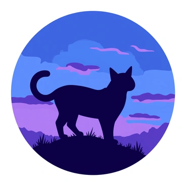 A shadowy figure of a cat with distinct features is silhouetted against a twilight sky. The cat stands atop a small hill, with its tail held high and ears perked. The twilight sky is filled with deep blue and hints of purple, creating a gradual transition from light to dark. Wispy clouds drift across the sky, enhancing the scene's depth. The ground below is a dark silhouette of grass and small rocks, providing contrast to the vibrant sky.