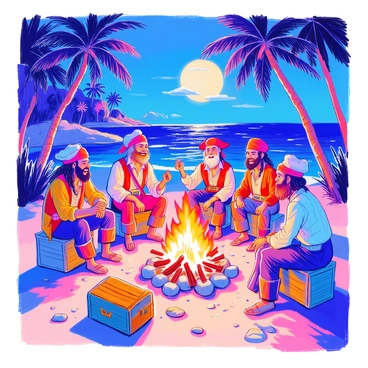 A diverse crew of pirates is gathered around a roaring fire on a sandy beach. The scene features pirates of various ethnic backgrounds, each dressed in colorful and tattered clothing, adorned with accessories like hats and eye patches. They are seated on wooden crates and large stones, animatedly sharing stories and laughter. The fire crackles brightly, casting warm light on their faces. In the background, several palm trees can be seen swaying gently in the night breeze, while the dark ocean glimmers under the moonlight. A treasure chest lies partially open nearby, hinting at adventures shared.