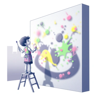 A child standing on a small ladder, holding a paintbrush in one hand and a paint container in the other. The child has a look of surprise as bright splashes of paint burst from the container, creating an array of patterns on a large city wall. The mural starts to take shape with bold shapes and playful designs emerging. The child's hair is tousled, and they wear a colorful apron that is splattered with paint droplets. The city backdrop includes buildings and urban elements, providing context to the vibrant scene.
