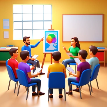 A group of students sitting in a circle, each holding sketches and notes for their critique session. One student is speaking, pointing at a colorful artwork displayed on an easel in the center. The other students are attentively listening, with expressions of concentration. Some students are taking notes while others are nodding in agreement. The setting is a bright classroom filled with art supplies, sketchbooks, and a large whiteboard on the wall. Sunlight streams in through the windows, illuminating the collaborative atmosphere.