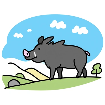 A wild boar with coarse, dark fur is standing proudly atop a grassy hill. Its tusks are visible as it gazes into the distance. The landscape below is expansive, featuring rolling hills and patches of trees. A clear blue sky stretches overhead, with a few fluffy clouds scattered throughout. The sunlight casts gentle shadows, highlighting the boar's muscular form and the contours of the hill.