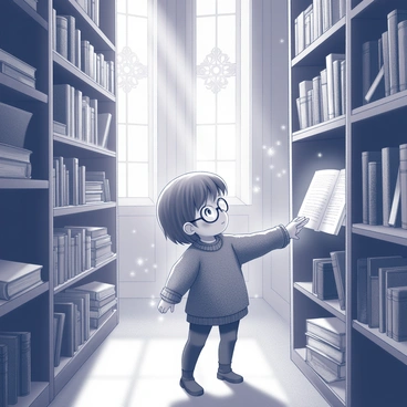 A young girl with light brown hair, wearing a cozy sweater and round glasses, stands in the center of a vast library. The library features towering shelves made of dark wood, filled with intricately designed books and scrolls. Some of the books emit a soft glow, illuminating the surrounding area. The girl is reaching out with one hand to touch a glowing book on a nearby shelf. Dust particles float in the air, caught in the light. Large windows, adorned with intricate patterns, allow streams of soft light to enter the room. The atmosphere is one of quiet curiosity and adventure. 