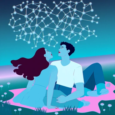 A couple with diverse features lies on a vibrant blanket in a lush green field. The woman has long, wavy brown hair and is wearing a light blue dress, while the man has short black hair and is dressed in a casual white t-shirt and jeans. They are gazing upward, their faces illuminated by the ethereal glow of a star-filled digital sky. The sky is filled with pulsating stars in various colors, resembling a cosmic display of interconnected shapes and patterns. Surrounding them, the field is dotted with softly glowing digital flowers. The atmosphere is serene, capturing a moment of intimacy and wonder.