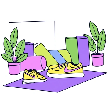 A pair of Nike shoes in vibrant colors resting on a wooden floor in a yoga studio. Surrounding the shoes are several yoga mats rolled up neatly, displayed in various shades of green and purple. Potted plants with lush green leaves are positioned at the corners of the studio, adding a fresh and natural touch to the environment. The walls are painted a soft, calming color, enhancing the tranquil atmosphere of the studio.