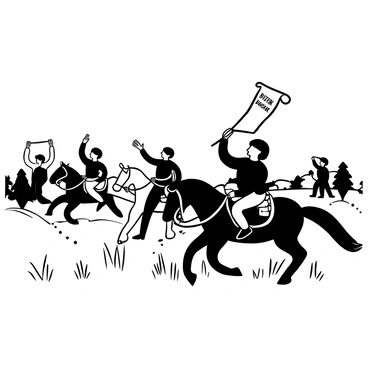 A group of several horse riders, all wearing distinct period-appropriate attire, galloping across a rural landscape. Each horse is equipped with a saddlebag filled with scrolls and papers. The riders are positioned in various stages of communication; one is raising a scroll high, while another gestures towards a direction. The background features trees and a distant colonial town, providing context for their journey. The words "Boston Massacre" are prominently displayed on one of the scrolls being held by the riders.