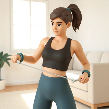 A young woman, with shoulder-length brown hair tied in a ponytail, is positioned in her living room performing strength exercises using resistance bands. She is wearing a fitted black tank top and navy blue leggings. The living room has a soft beige carpet, a couch in the background, and a potted plant by the window. The woman is focused and determined, with her body slightly bent forward as she pulls the resistance band towards her. Sunlight streams in through the window, illuminating the space and creating a warm atmosphere.