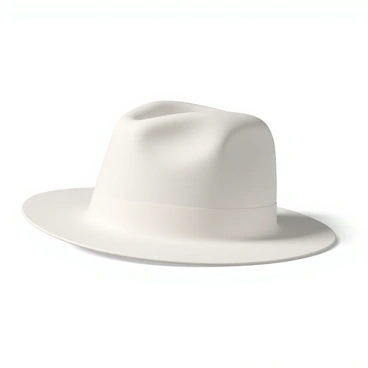 A stylish white hat with a wide brim set against a minimal white background