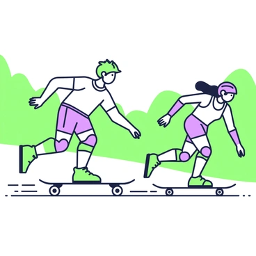 Two longboarders are racing side by side on a smooth, winding road. Each rider is focused and leaning forward, showcasing their speed and agility. The first longboarder has short, tousled hair and is wearing a bright green helmet and matching knee pads, while wearing a casual t-shirt and shorts. The second longboarder has longer hair pulled back into a ponytail, adorned with a purple helmet and elbow pads, and is wearing a tank top and board shorts. The background features green trees lining the road and a clear sky above. The expressions of determination and joy are visible on their faces as they compete in this friendly race.