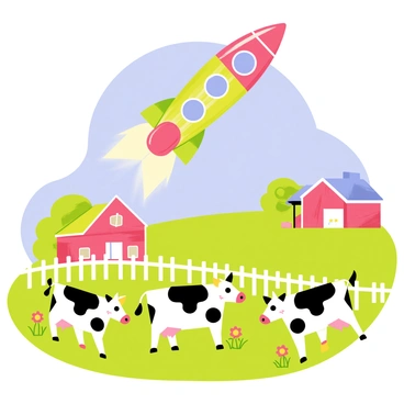 A whimsical alien spaceship with a shiny, multicolored exterior is hovering above a green farm. The spaceship has oversized, round windows and emits a soft glow. Below, several curious cows with black and white spots are gazing up at the spaceship, their ears perked up and eyes wide with wonder. The farm is surrounded by a white picket fence, and there are patches of colorful flowers blooming nearby. In the background, a red barn adds to the rural scenery under a clear blue sky.