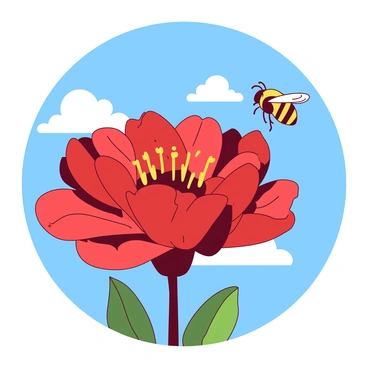 A yellow bee is delicately pollinating a bright red flower. The flower is large with intricate petals, showcasing vibrant details. The background features a clear blue sky, with a few fluffy white clouds scattered throughout. Sunlight casts gentle shadows on the flower, highlighting its vivid colors. The bee hovers gracefully, its wings shimmering in the light as it moves from petal to petal.