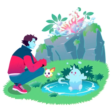 A young Pokémon trainer with short brown hair and wearing a vibrant red and blue jacket stands in a lush green forest. The trainer is crouched down, holding a Poké Ball in one hand, focused on a small, electric-type Pokémon with bright yellow fur that is curiously peeking out from behind a bush. Nearby, a larger water-type Pokémon splashes playfully in a small pond, sending droplets of water into the air. In the background, a rocky area shows a fierce battle between the trainer's fire-type Pokémon and an opposing grass-type Pokémon, with flames and leaves swirling in the air. The sky is bright and clear, indicating a sunny day, while the trainer's expression reflects excitement and determination as they embark on their adventure.