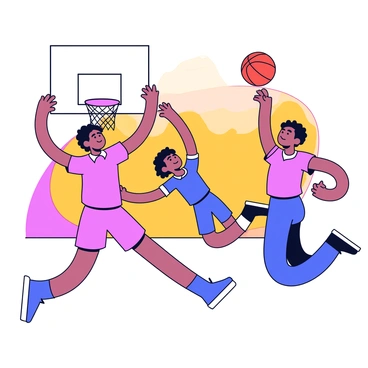 Silhouettes of basketball players in mid-air, leaping towards the basketball hoop. Their arms are extended upwards, reaching for the basketball. The players are shown in dynamic poses, emphasizing their movement. The backdrop features a colorful sunset with hues of orange, pink, and purple blending together. The rim of the basketball hoop is visible, creating a focal point in the composition.