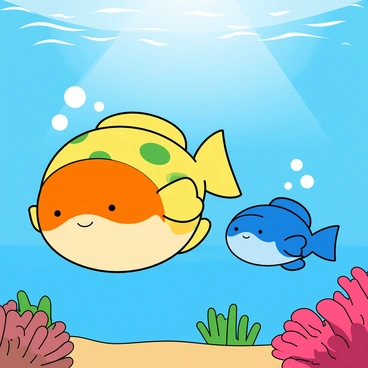 A family of three round puffer fish swimming together in a clear blue ocean. The largest puffer fish has yellow and green spots on its body, while the medium-sized one features a vibrant orange hue. The smallest puffer fish is bright blue, creating a colorful contrast. They are surrounded by small bubbles rising from their bodies, and the sunlight filters down through the water, illuminating their playful movements. In the background, there are gentle waves and a few clusters of colorful coral visible on the ocean floor.