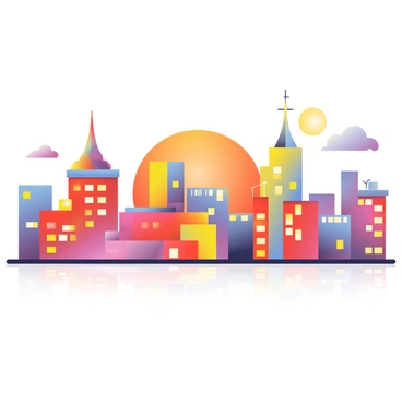 A vibrant city skyline is depicted at sunset, showcasing a variety of colorful buildings with unique architectural designs. The buildings display shades of red, orange, yellow, and purple, reflecting the colors of the glowing sky. The sky is filled with a gradient of warm sunset hues, transitioning from deep orange at the horizon to soft lavender higher up. Silhouettes of antennas and rooftops are visible against the bright sky, while a few clouds catch the sunlight and appear illuminated. The scene conveys a lively urban atmosphere, with lights starting to twinkle in the buildings as dusk approaches.