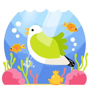 A badminton birdie submerged underwater, showcasing its vibrant feathers in shades of green and white. The birdie is surrounded by a variety of colorful fish, including orange clownfish, blue tangs, and yellow angelfish. Bright coral formations create a lively backdrop, with bubbles rising around the birdie, adding to the underwater scene's dynamic atmosphere. Sunlight streams down from the surface, illuminating the birdie and the surrounding fish.