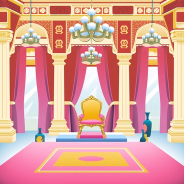 The interior of the Bangalore Palace throne room is filled with grandeur. The walls are adorned with intricate wood carvings and rich tapestries in deep reds and golds. In the center, a large, ornate throne is placed on a raised platform, upholstered in luxurious fabrics. Surrounding the throne are tall, elegant pillars that reach towards the ceiling, which is decorated with elaborate chandeliers. Elaborate carpets cover the floor, adding an extra layer of opulence. The room is illuminated by natural light coming through large arched windows draped in heavy curtains. Decorative artifacts and vases are strategically placed throughout the space, enhancing the regal atmosphere.