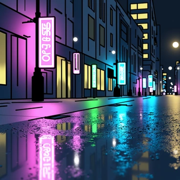 A city street at night, featuring a wet pavement that reflects vibrant neon signs. The neon signs display various colors, including bright pinks, greens, and blues. Raindrops are visible on the surface of the pavement, enhancing the reflections. Tall buildings line the street, their windows illuminated by the glow of the signs. A few scattered puddles on the ground capture the colorful reflections.