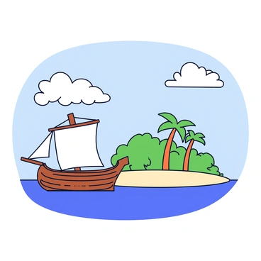 A wooden ship with a brown hull is anchored near a deserted island. The ship has billowing white sails furled on the mast. The island is visible in the background, covered in lush green vegetation, with tall palm trees swaying gently. The shoreline of the island features soft, sandy beaches that meet the clear blue water. The sky is a light blue with a few fluffy white clouds scattered above.