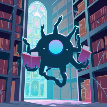 A large beholder with a central eye and multiple eyestalks is hovering amidst towering shelves filled with ancient, dusty tomes. Its textured skin is a mix of dark greens and browns, providing a contrast to the weathered, wooden shelves around it. The beholder's eyestalks are intricately detailed, each one focused intently on different books, highlighting its curiosity. Sunlight filters through stained glass windows, casting colorful patterns on the stone floor. In the background, there are dark corners filled with cobwebs, and scattered parchment papers hint at forgotten knowledge. The atmosphere is thick with dust, and a faint glow emanates from one of the open tomes, illuminating the beholder's features.