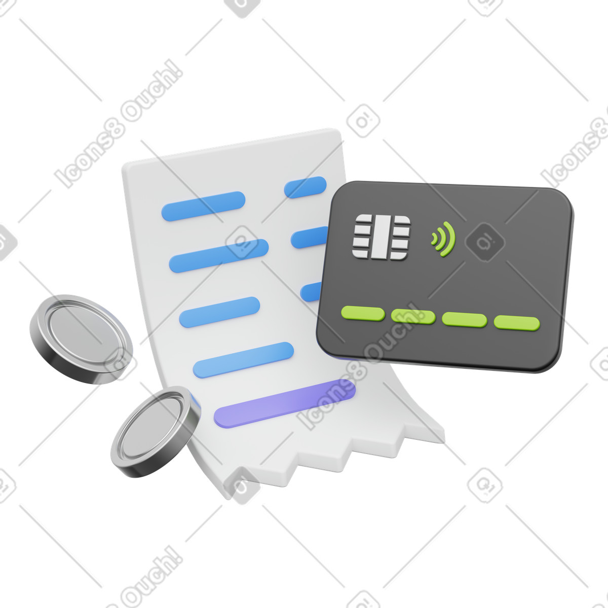 Receipt with credit card and coins, purchase payment, financial record illustration in PNG, SVG