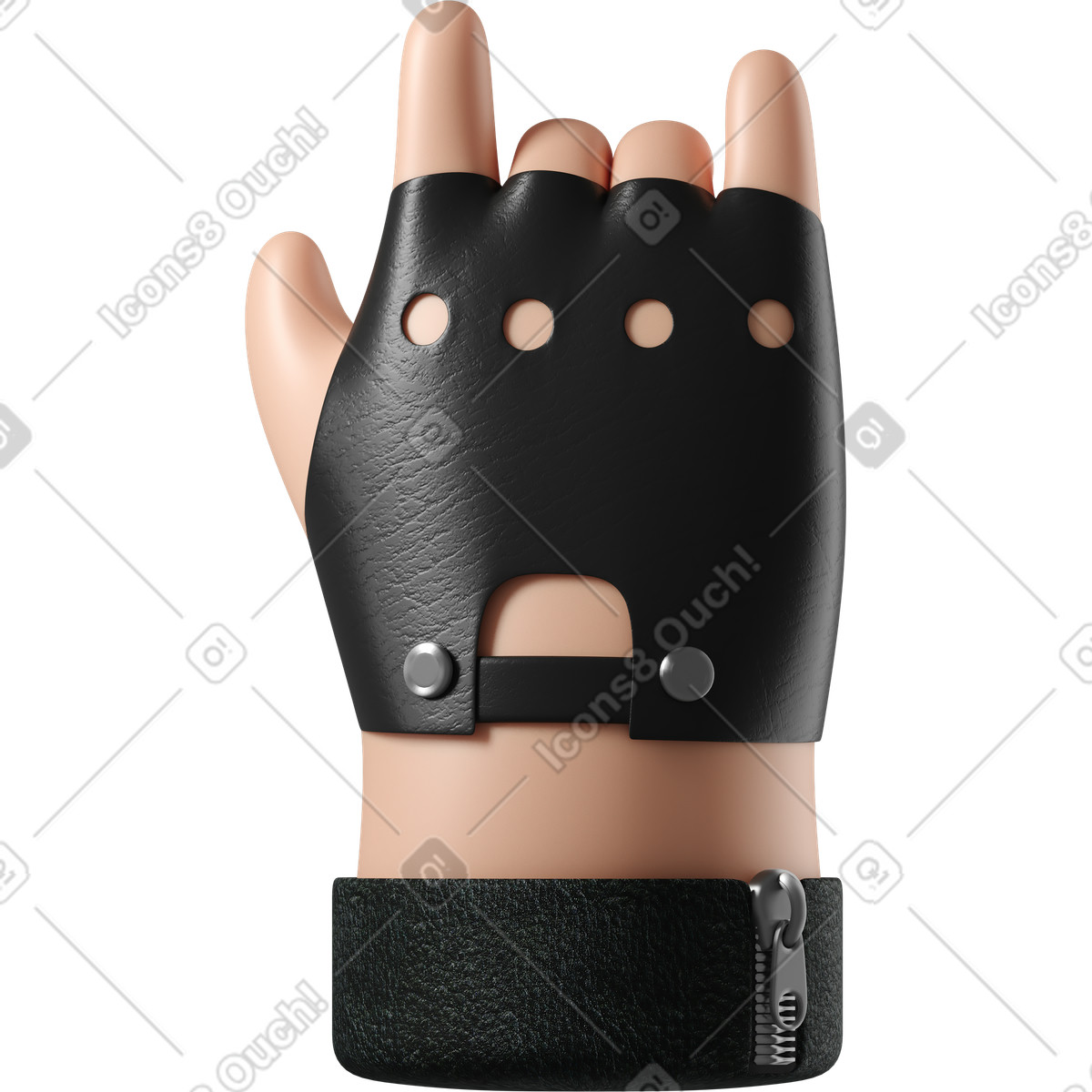 La mano di pelle bianca rocker nel guanto che mostra un segno rock illustrazione in stile 3D Hands Fun&Wild scarica in PNG, SVG