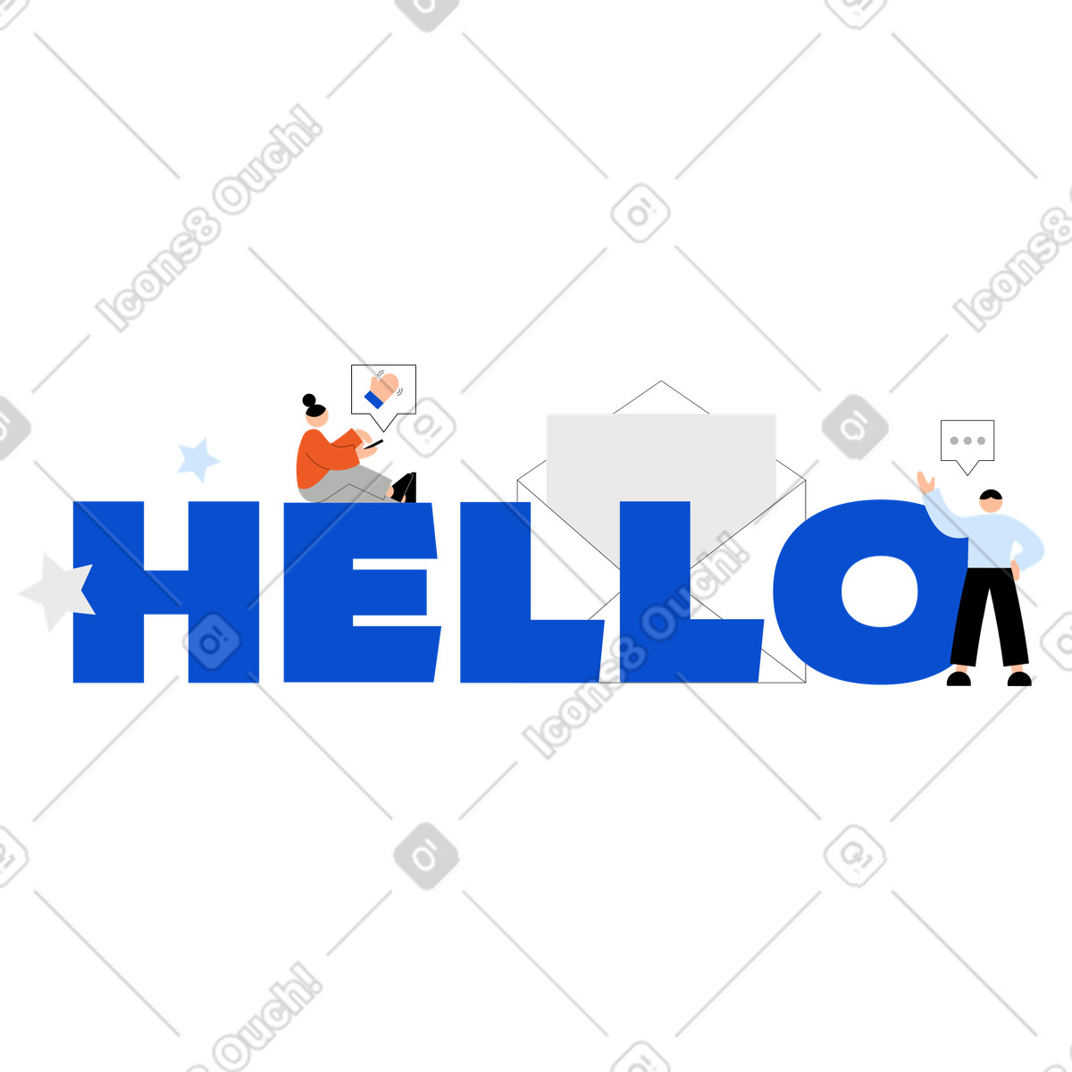 Ilustração de Letras olá! com mão acenando e texto envelope em no estilo Tiny para baixar em PNG, SVG