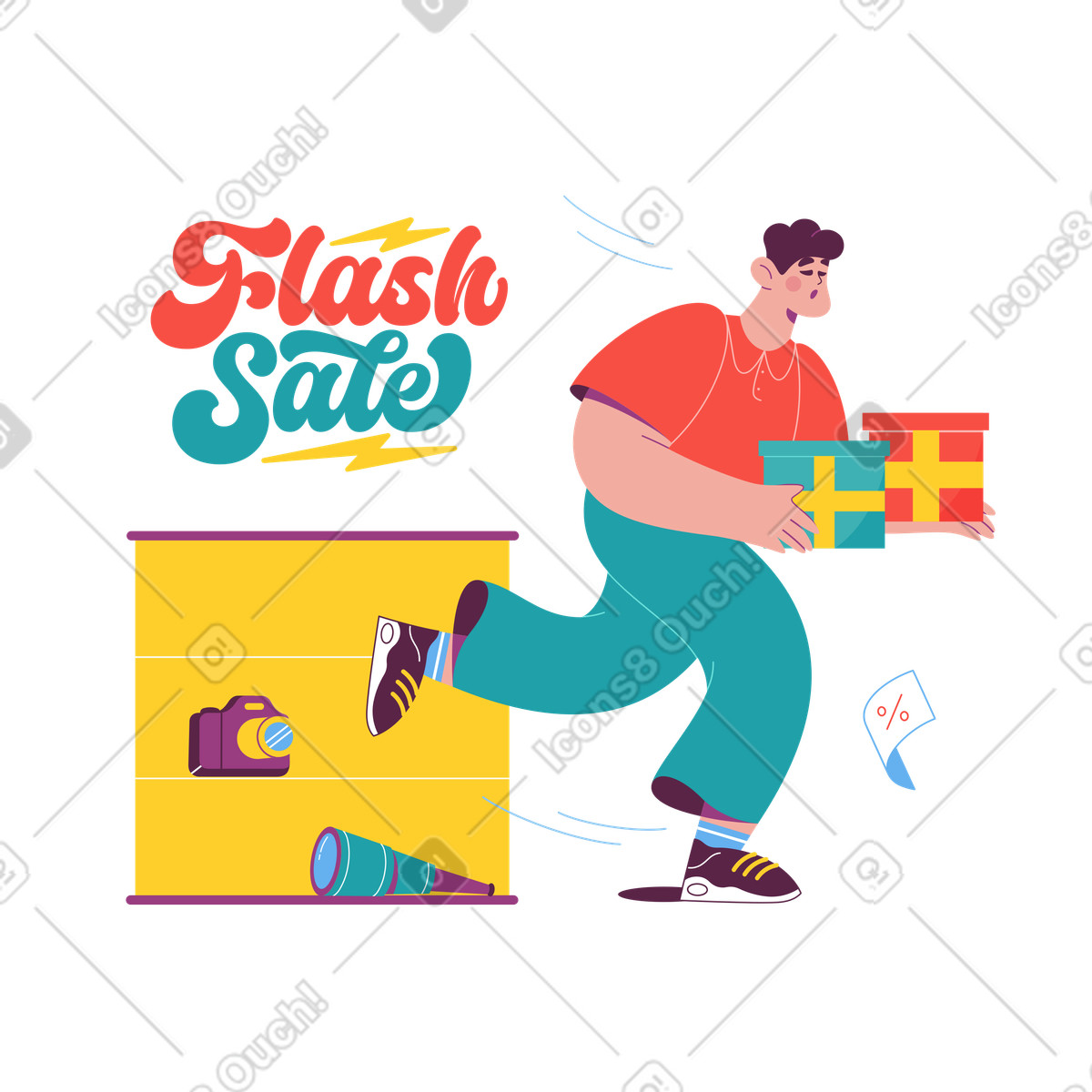 Ilustração de Customer rushing with gift boxes and flash sale lettering, Holiday shopping discount promotion em no estilo Sammy para baixar em PNG, SVG
