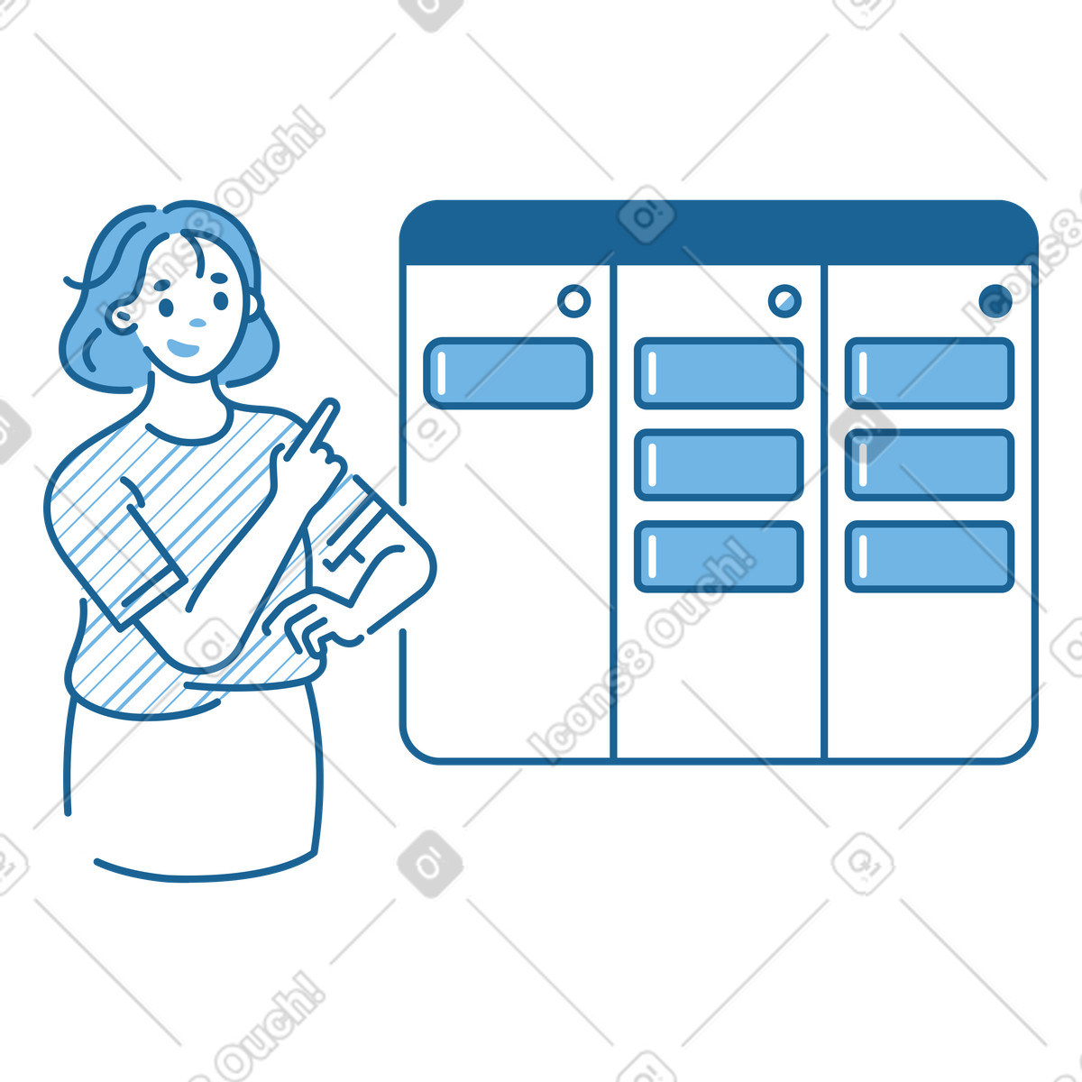 Illustration Jeune femme pointant vers un tableau kanban dans le style Natty à télécharger aux formats PNG, SVG