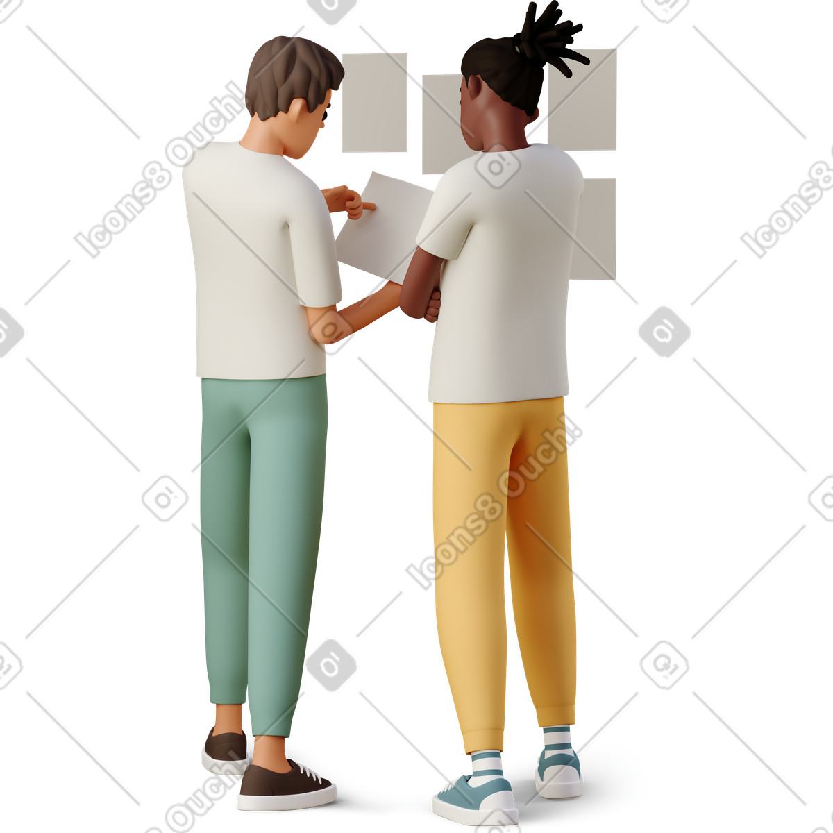 Team members arranging notes on wall, agile workflow and project planning-Illustration im 3D Casual life-Stil als Download in PNG, SVG