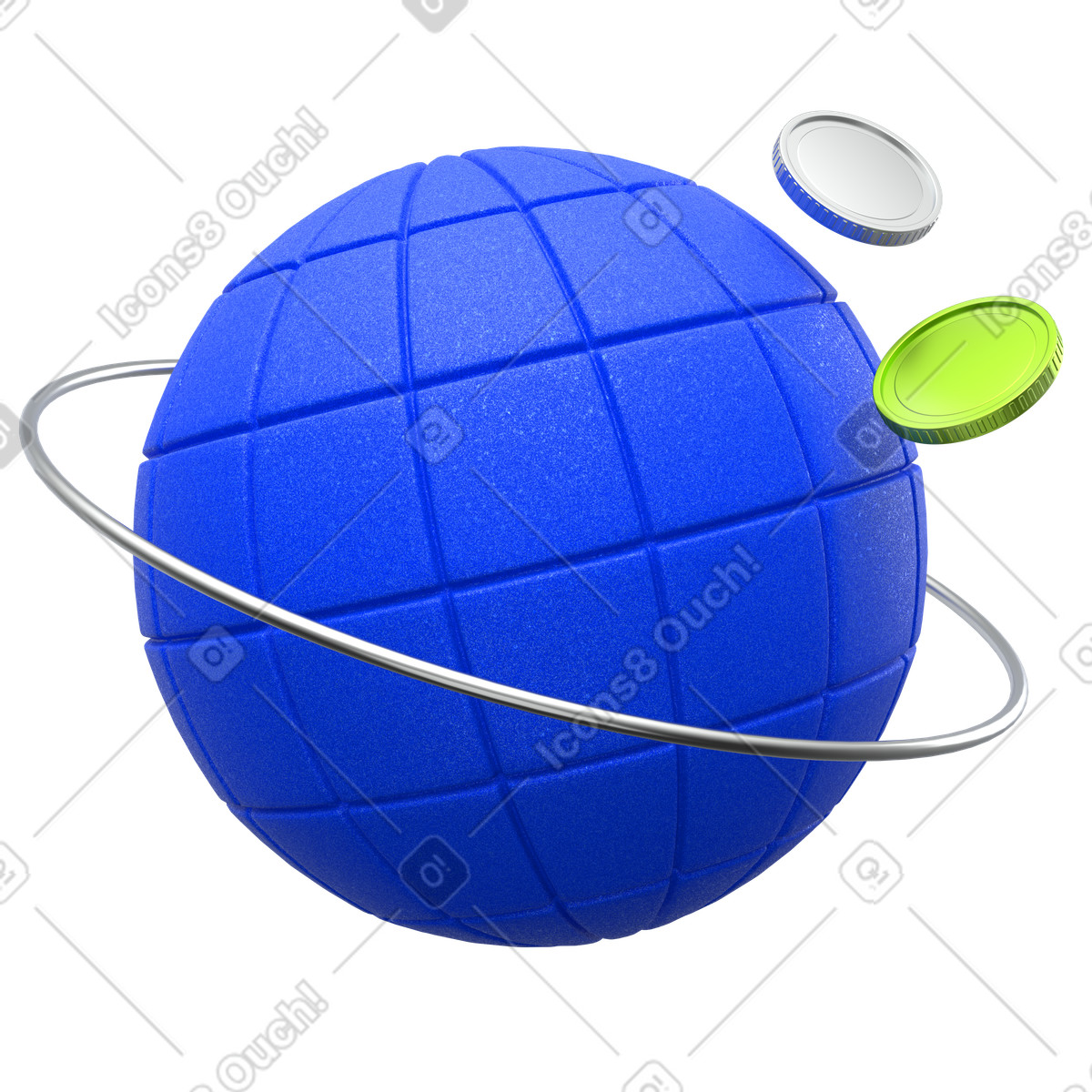 International trade with planet and orbiting coins illustration in 3D Enterprise style download in PNG, SVG