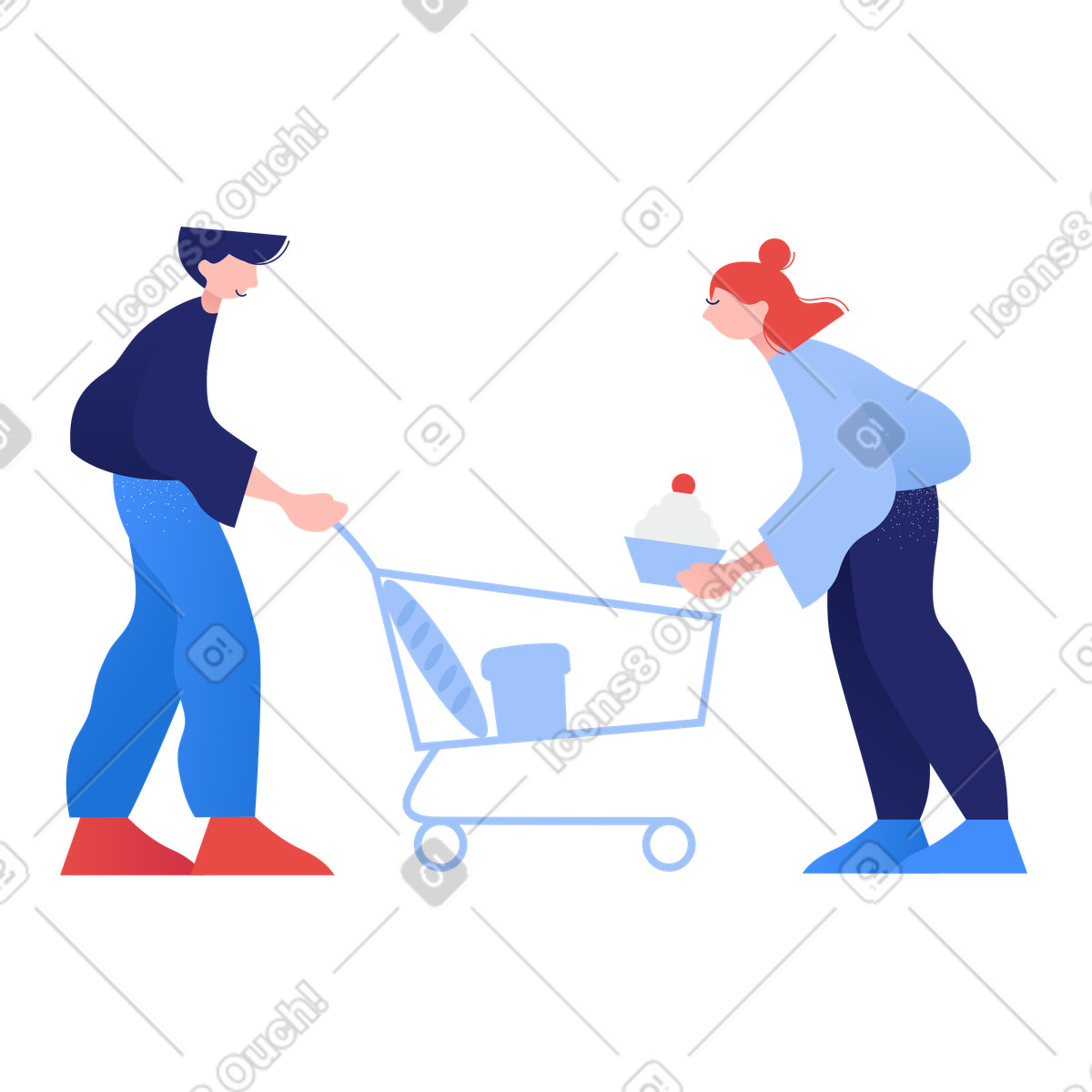 Ilustração de Casal colocando compras no carrinho em estilo Clip para baixar em PNG, SVG