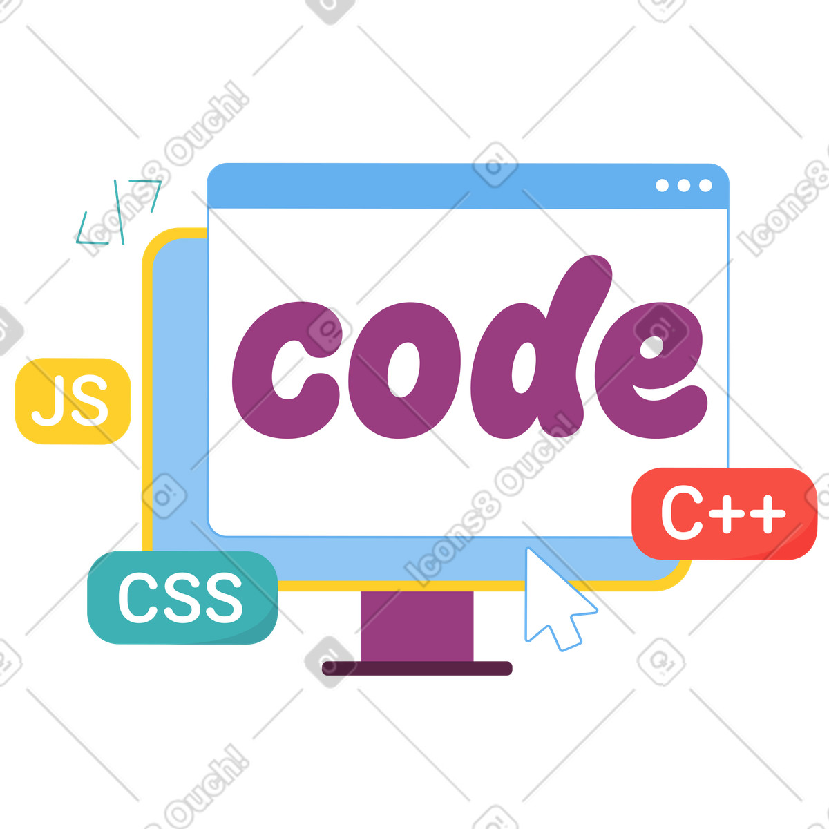 Screen with code lettering and language tags, programming education and web development illustration in PNG, SVG
