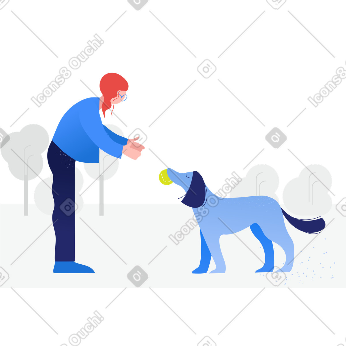 Pet owner playing fetch with dog, Animal training and playtime illustration in Clip style download in PNG, SVG