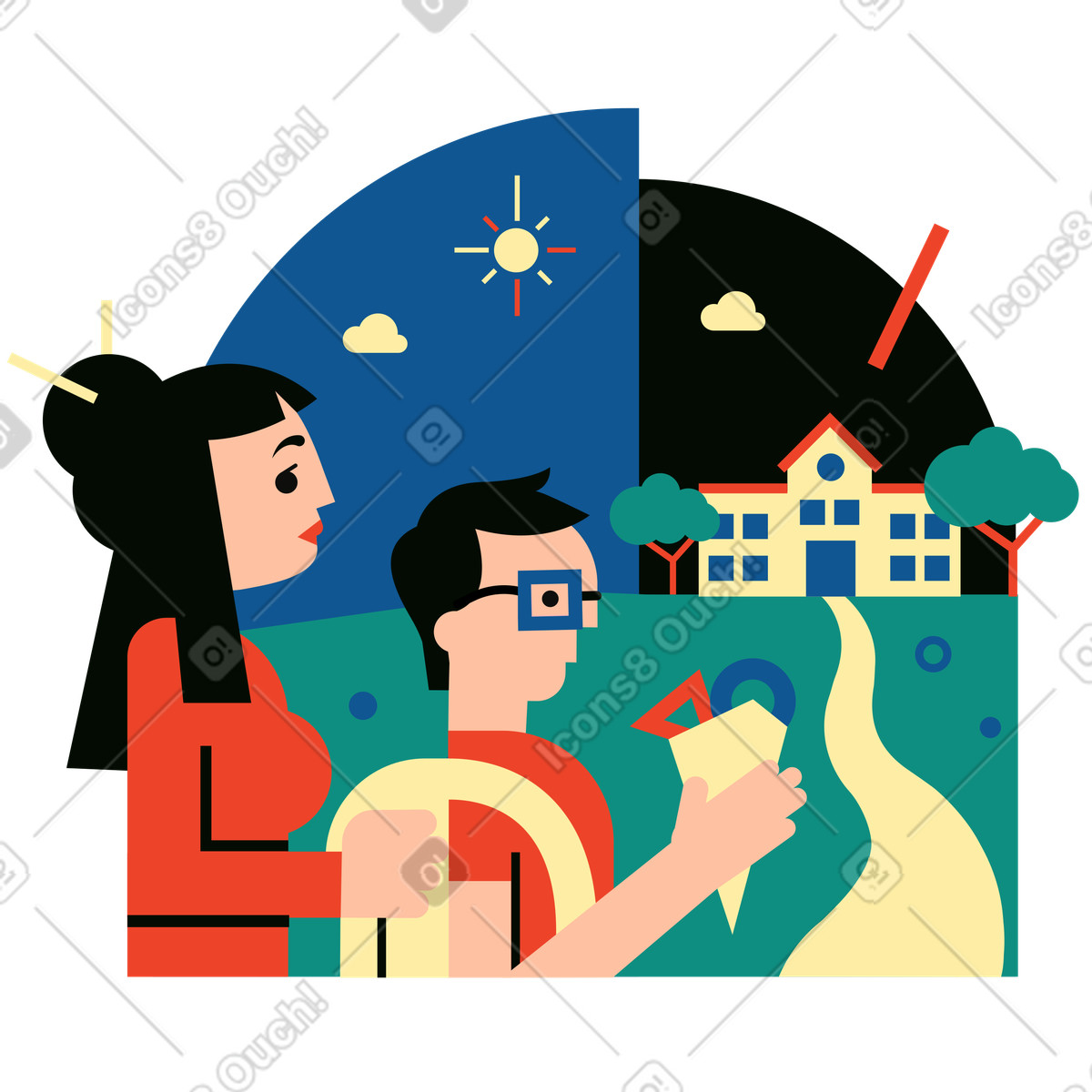 Parent conducting child to school, Academic year or school start illustration in Polar style download in PNG, SVG