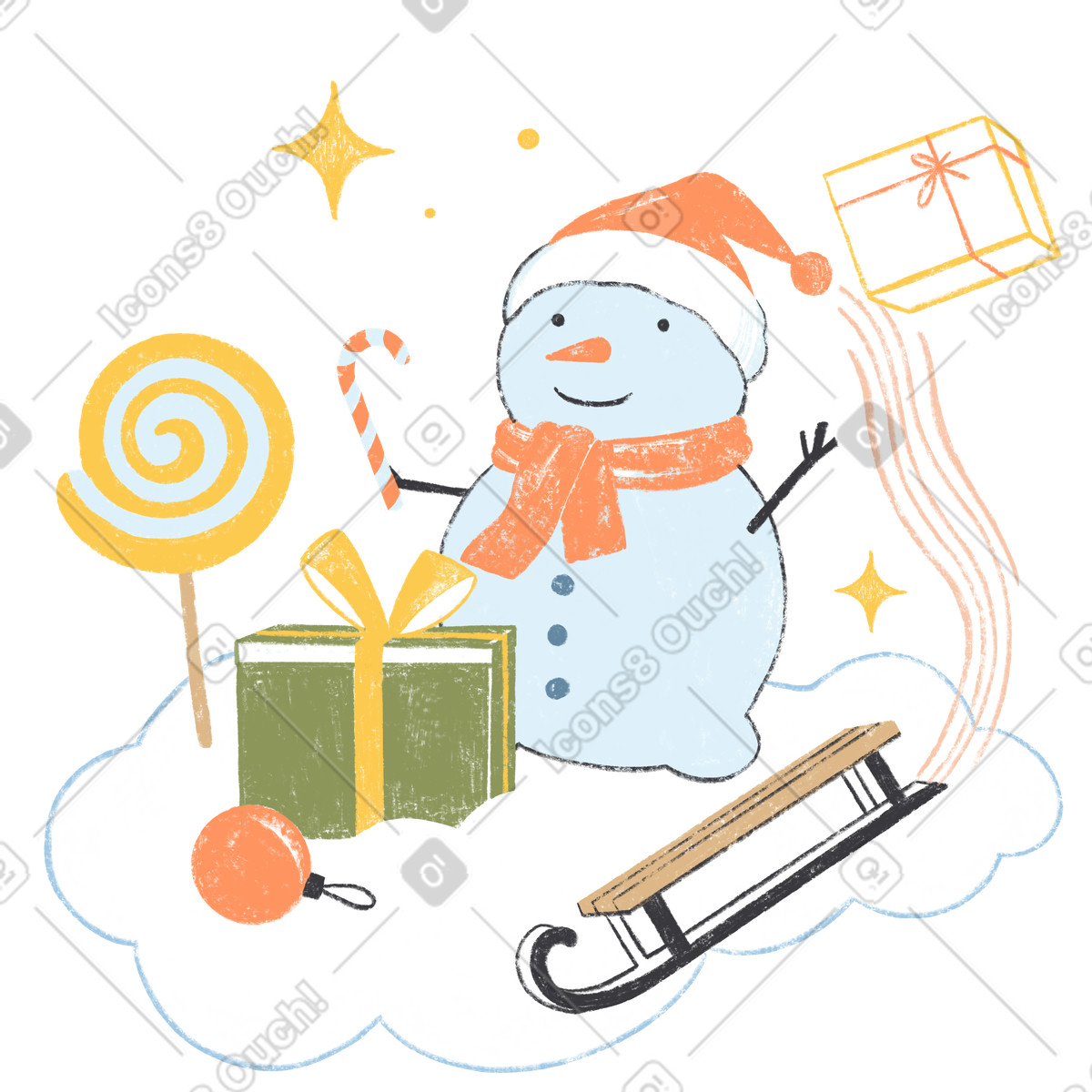 Illustration Snowman with gifts and candy, New Year Christmas celebration dans le style Chalky à télécharger aux formats PNG, SVG