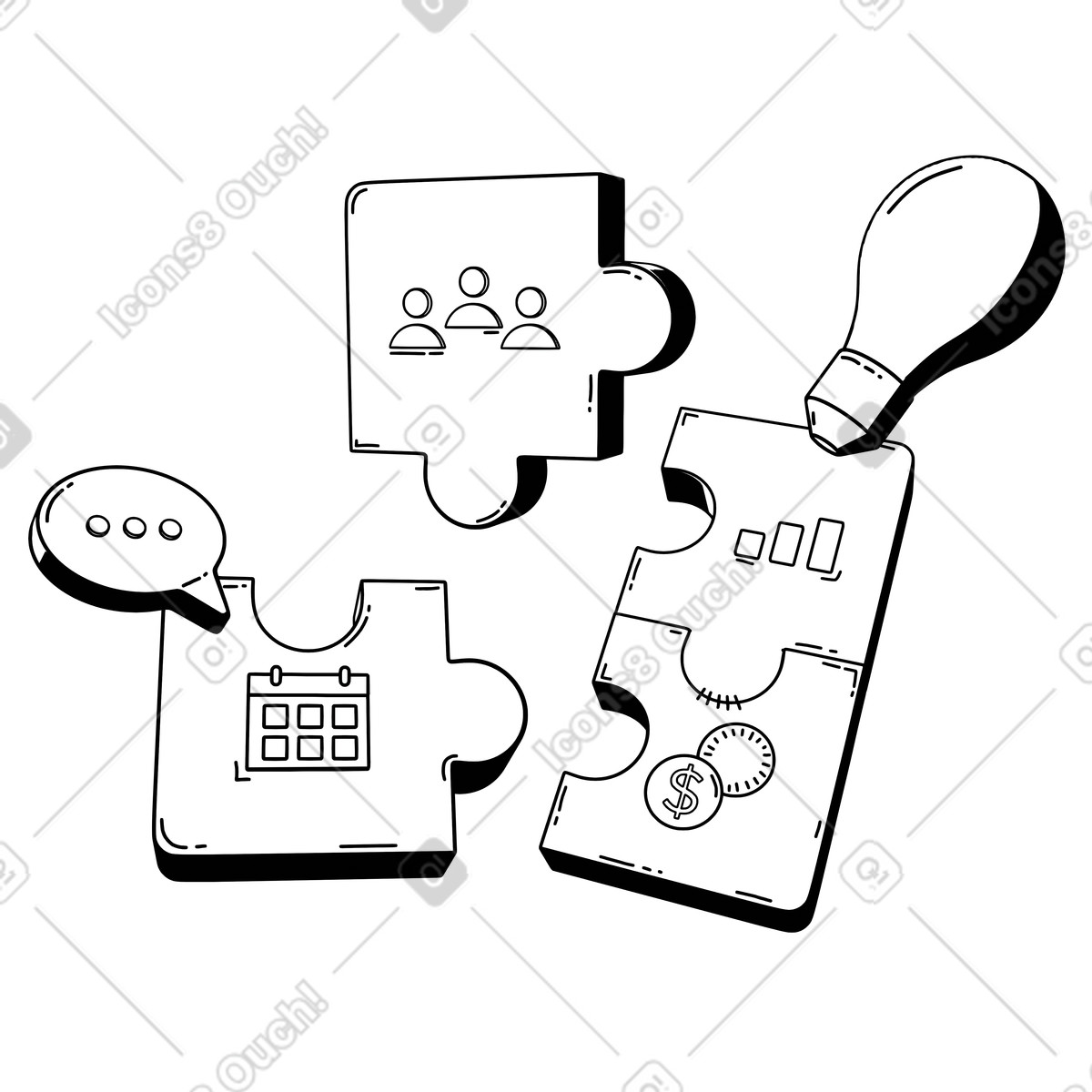 Puzzle pieces with work related elements, business strategy and workflow illustration in 3D Techny Line style download in PNG, SVG