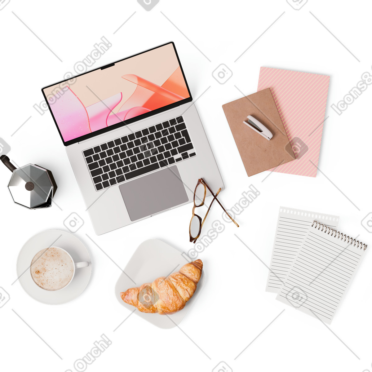 Ilustración Vista superior de la computadora portátil, moka pot, cuadernos, croissant, taza café en estilo 3D Hygge a descargar en PNG y SVG