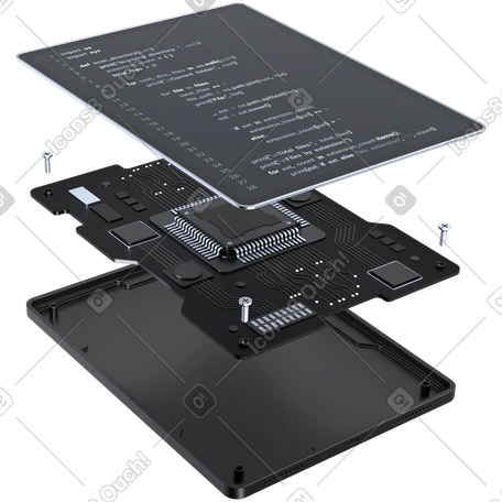 3D Tablet exploded view showing code interface and internal electronic ...