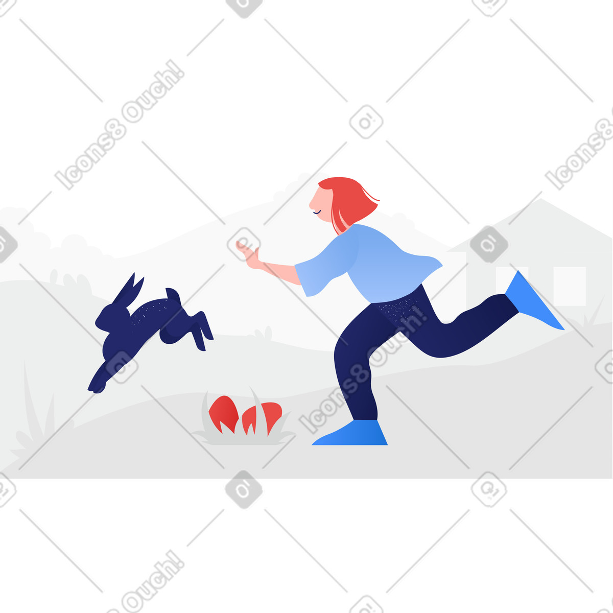 Easter bunny chase, Fun outdoor activity or holiday event illustration in Clip style download in PNG, SVG