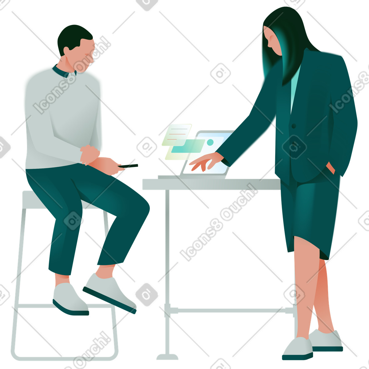 Illustration Two colleagues collaborating at office desk, Teamwork in coworking space dans le style à télécharger aux formats PNG, SVG