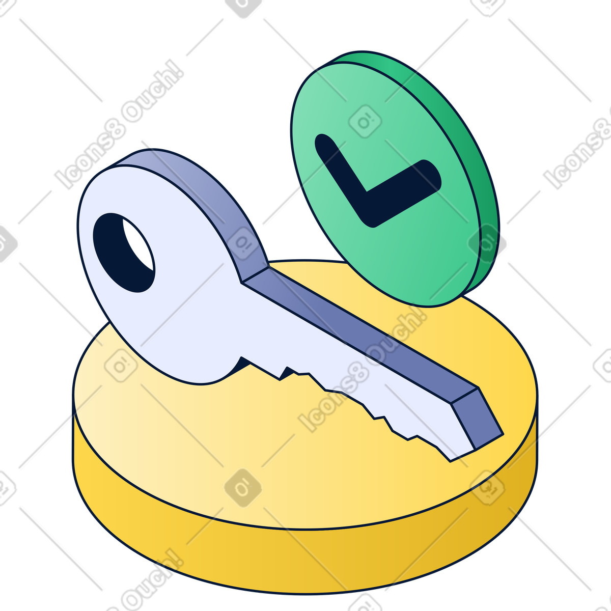 Metal key with checkmark, secure login and password approval illustration in Neat style download in PNG, SVG