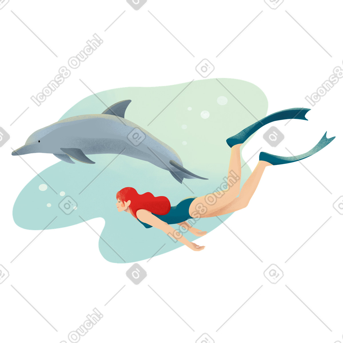 Young woman freediver swim with a dolphin illustration in Shine style download in PNG, SVG