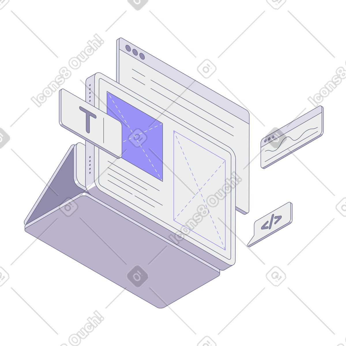Tablet with code and web page elements, Software engineering programming illustration in Modul style download in PNG, SVG